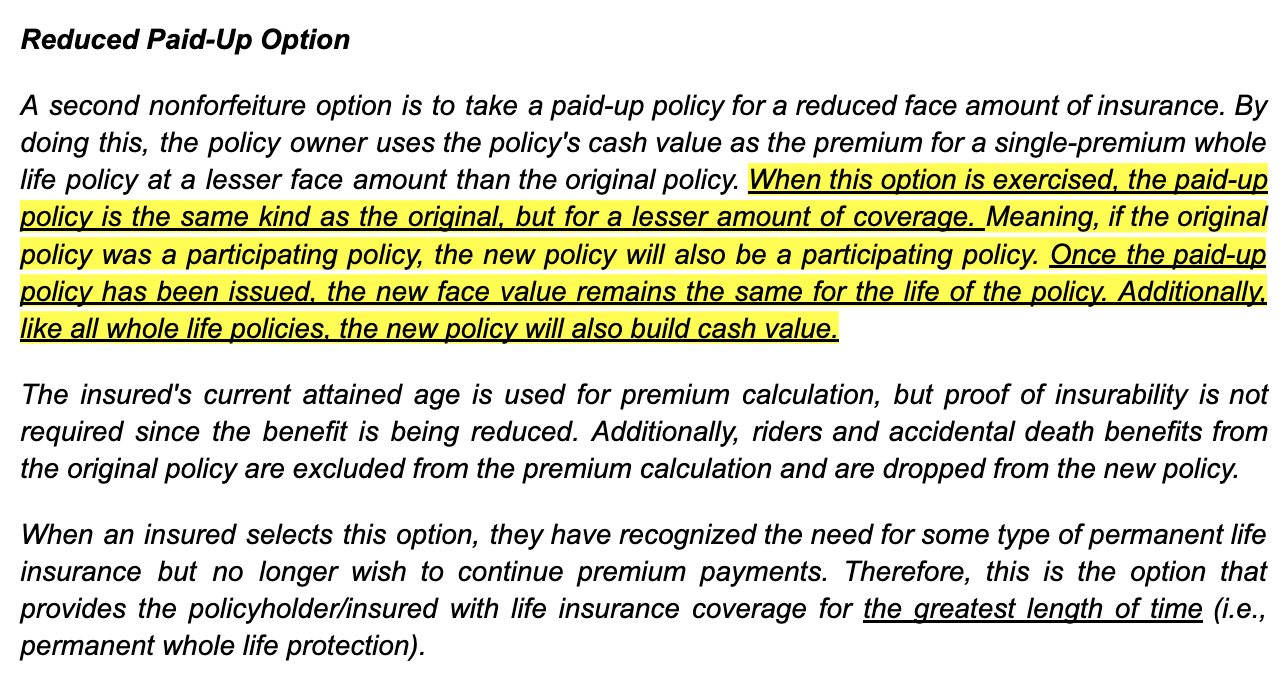 <p>A provision in a whole life policy that allows a policyowner to terminate the policy in return for a reduced paid-up policy of the same type is called a(n)</p><ul><li><p>insuring clause</p></li><li><p>payor provision</p></li><li><p>reinstatement provision</p></li><li><p>nonforfeiture provision</p></li></ul>