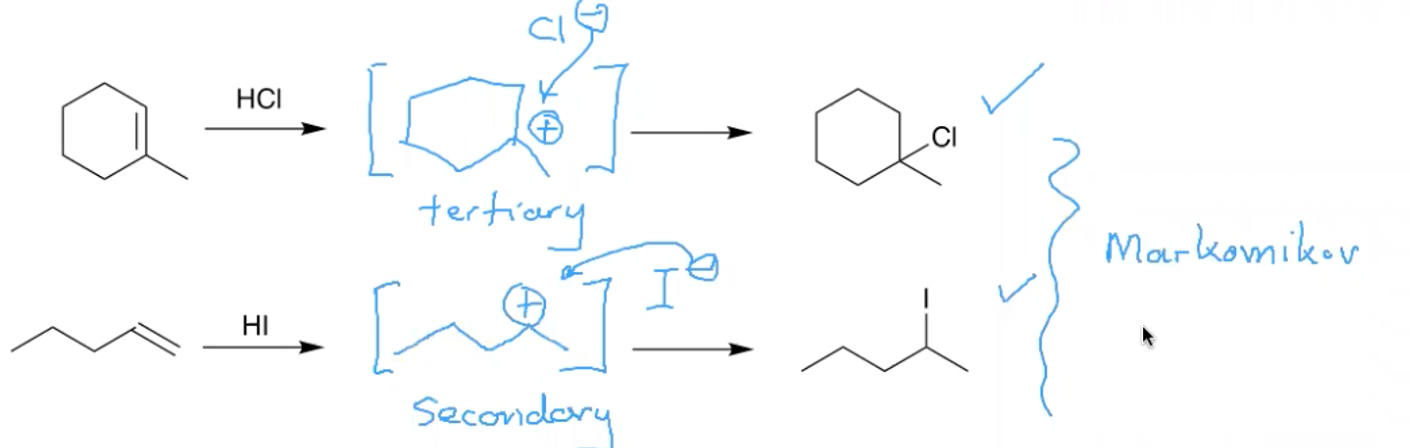 <p>In additions of HX to an alkene, the hydrogen attached to the carbon of the double bond that had more hydrogens to start with. </p><p>Basically the most stable intermediate possible is formed.</p>