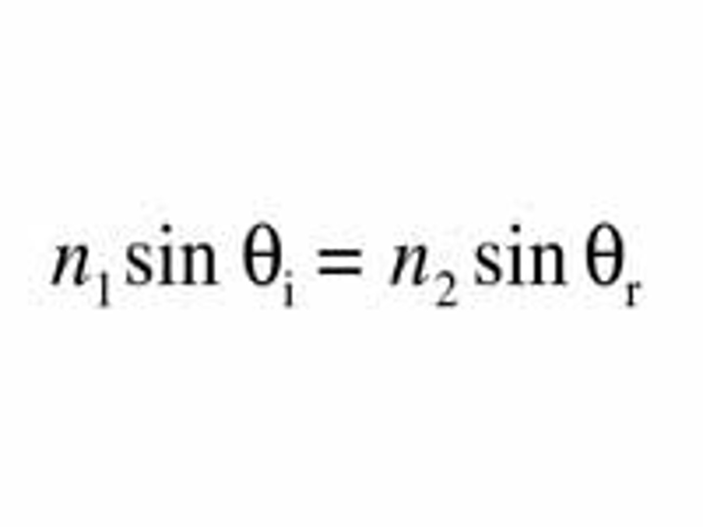 <p>The ratio of the sine of the angle of incidence to the sine of the angle of refraction is a constant. Often given three variables to find the fourth one.</p><p>n1 represents index of refraction of the incident medium.</p><p>n2 represents index of refraction of the refractive medium.</p><p>θ1 or θi represents angle of incidence.</p><p>θ2 or θr represents angle of refraction.</p>