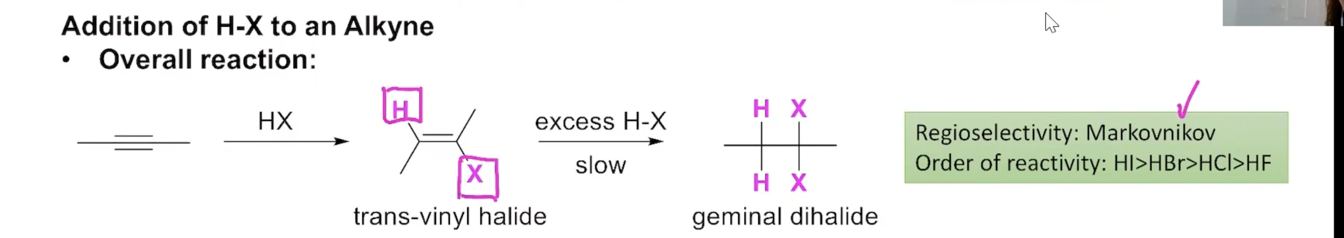 <p>Addition of H-X to an Alkyne</p>