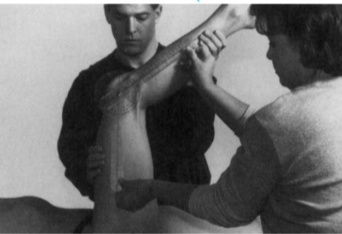 <p>Position: Supine, hip flexed to 90° </p><p>Examiner: Extend the knee through full available ROM while maintaining hip flexion. </p><p>An assistant is needed to measure the amount of knee extension. </p><ul><li><p>Axis: Lateral epicondyle of femur </p></li><li><p>Stationary arm: Greater trochanter of femur</p></li><li><p>Movable arm: Lateral malleolus </p></li></ul>