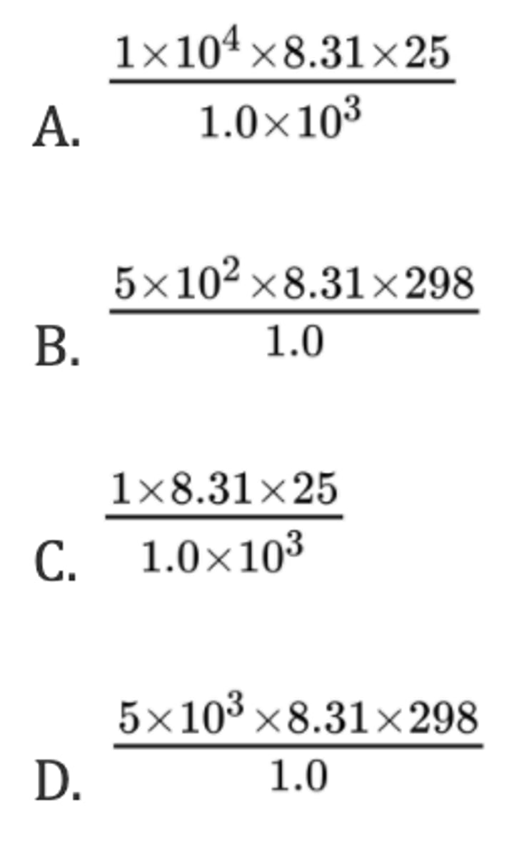 <p>What is the pressure, in Pa, inside a 1.0 m³ cylinder containing 10 kg of H₂ (g) at 25 ºC?</p><p>R = 8.31 J K⁻¹ mol⁻¹; pV = nRT</p>