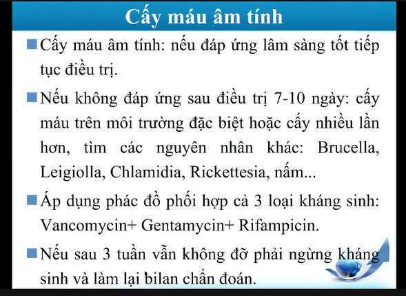 <p>Cấy máu âm tính</p><p>Cấy máu âm tính: nếu đáp ứng lâm sàng tốt tiếp tục điều trị.</p><p>Nếu không đáp ứng sau điều trị 7-10 ngày: cấy máu trên môi trường đặc biệt hoặc cấy nhiều lần hơn, tìm các nguyên nhân khác: Brucella, Leigiolla, Chlamidia, Rickettesia, nấm...</p><p></p>