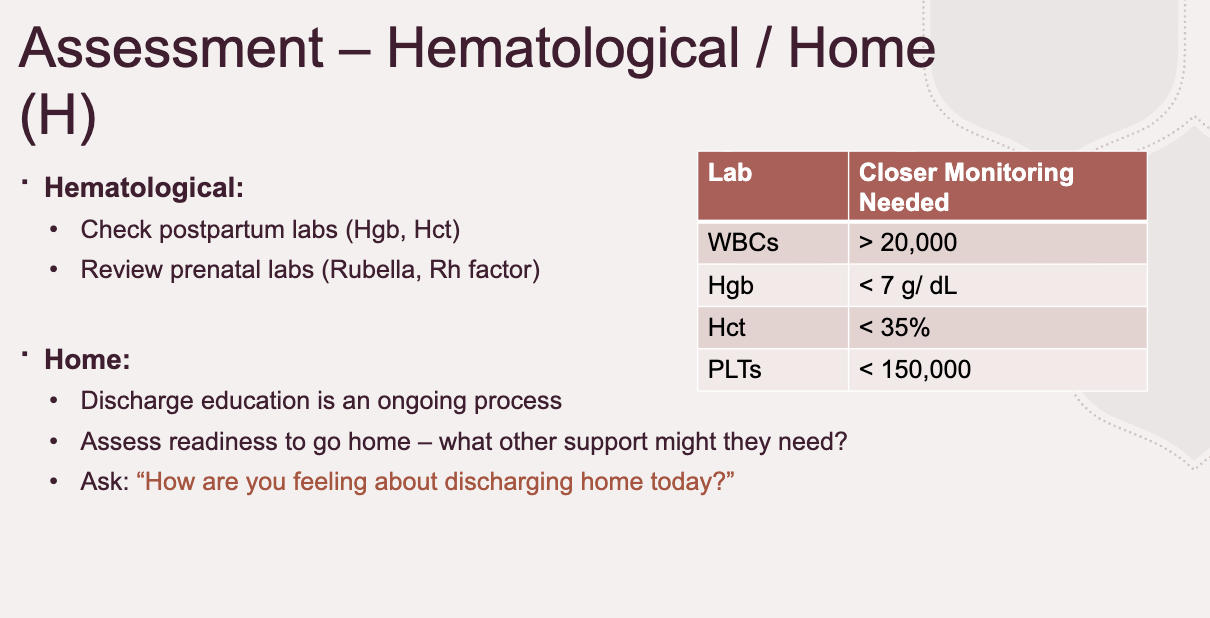 <ul><li><p><strong>What you do:</strong> Observe interaction with baby, ask about feelings, screen for mood.</p></li><li><p><strong>Expected:</strong> “Baby blues” (tearfulness, mood swings) are common but mild and resolve within 1–2 weeks. Positive bonding (eye contact, holding, responding to baby’s needs).</p></li><li><p><strong>Abnormal:</strong> Flat affect, disinterest in baby, persistent sadness, signs of postpartum depression or psychosis (delusions, thoughts of harm). Needs urgent attention.</p></li></ul><div data-type="horizontalRule"><hr></div><p></p>