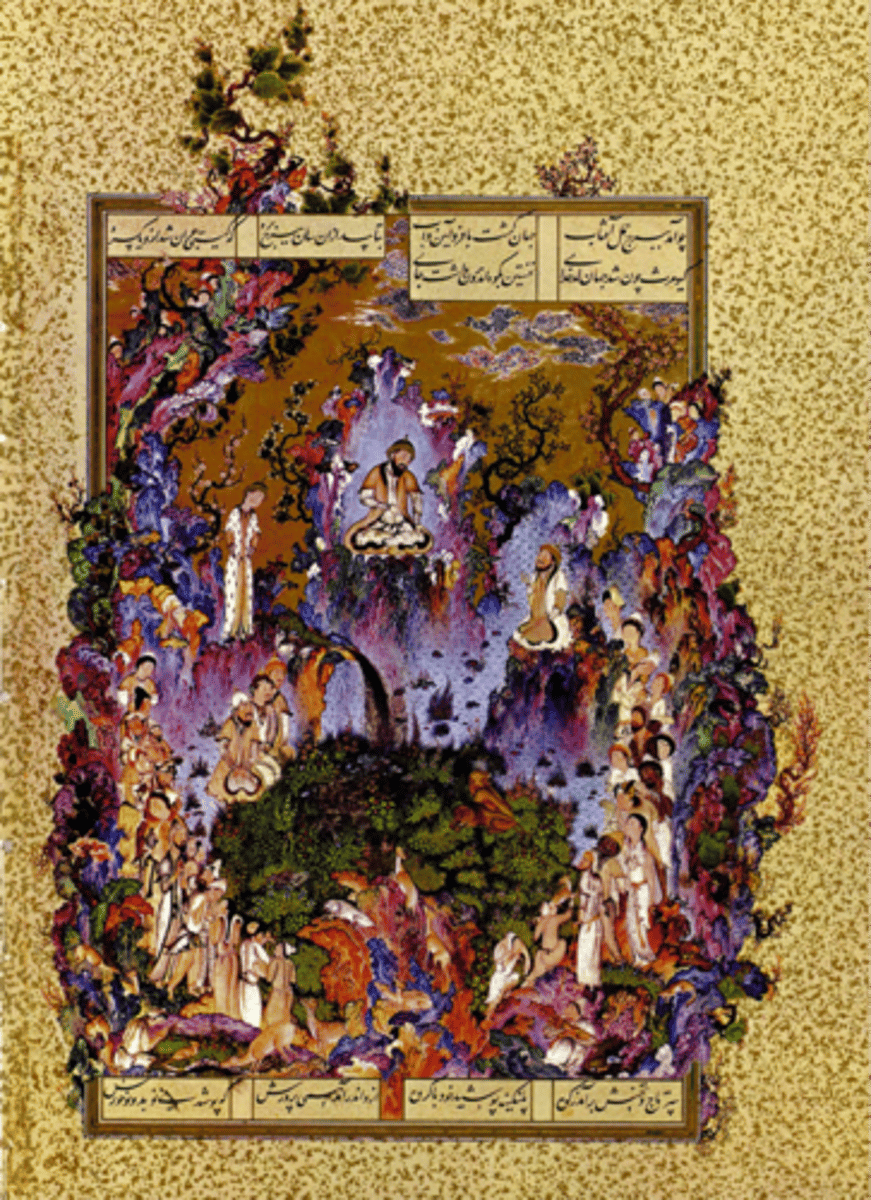<p>1522-1525, Workshop of Sultan Muhammed. Ink, watercolor, gold on paper<br>Safavid origin, big patron of the arts and many were produced.<br>Commissioned for Shah Tahmsap<br>Created for Shahs, and celebrating their achievements.<br>DIDACTIC! Meant to teach other shahs to be great.<br>Depicts the first king of persia surrounded by his court with his son and grandson.<br>PEACEFUL- even animals are tame.<br>LEOPARD SKIN: status<br>Composition is balanced, harmonial. Chinese influence on painting style in trees and clouds.<br>NOT RELIGIOUS = human and animals OK to draw!</p>