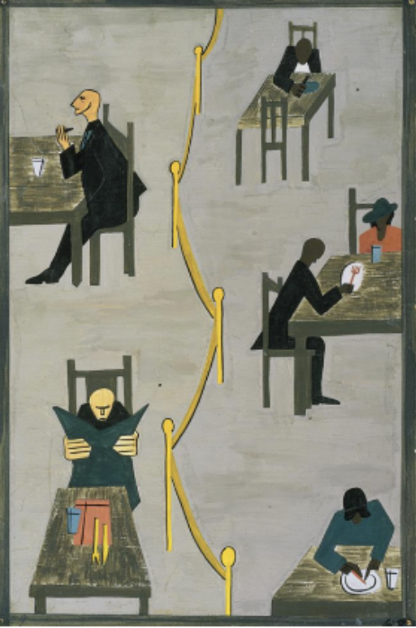 <p>urban enviroment (New York, New Jersey)</p><p>opportunities to develop their own cultural in the arts</p><p>still encountered segregation, express segregation through partition of ropes </p><p>separating whites an blacks</p><p>abstract plane</p>
