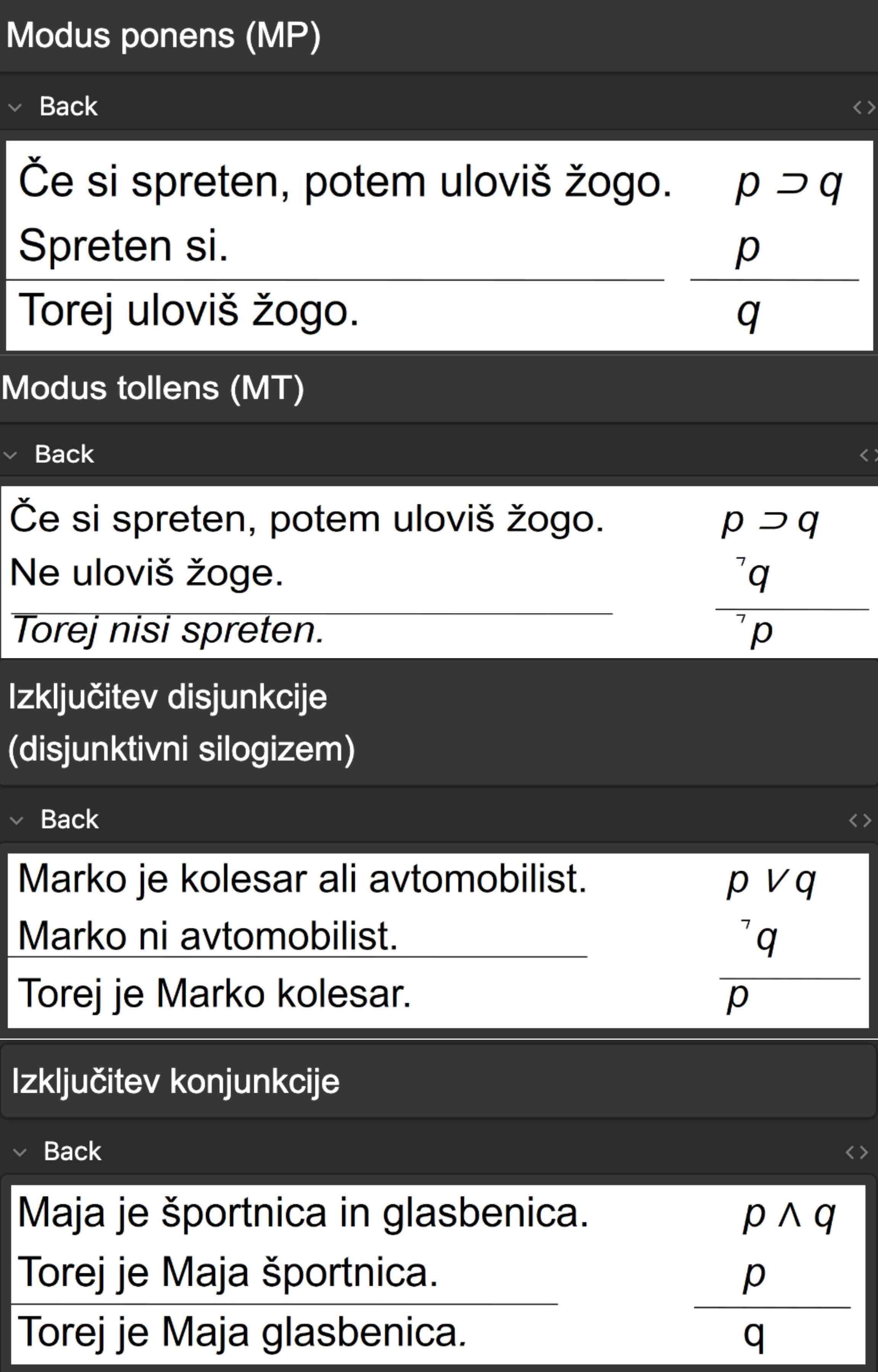 <p>Veljaven: Ni mogoče, da so vse premise resnične, sklep pa neresničen.<br>Zdrav: Veljaven in vse premise so resnične<br>Dober: Premise so relavantne sklepu, ni jezikonih nejasnosti, argumentacija ni krožna</p><p></p>