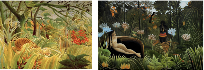 <ul><li><p><span>amateurish technique and unusual compositions</span></p></li><li><p><span>lush jungle scenes, inspired not by any firsthand experiences of such locales but by frequent trips to the Paris gardens and zoo</span></p></li><li><p><span><strong>Surprised! Tiger in a Tropical Storm</strong></span></p></li><li><p><span><strong>the dream</strong></span></p></li></ul><p></p>
