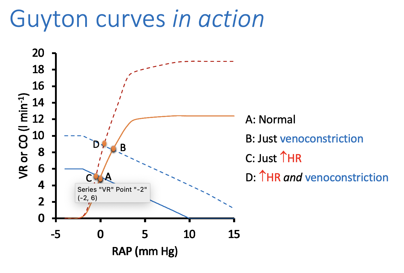<ul><li><p>the curve<strong> both</strong>&nbsp;overal at point D</p><ul><li><p>a higher cardiac output with RAP remaining at zero</p></li></ul></li></ul><p></p>