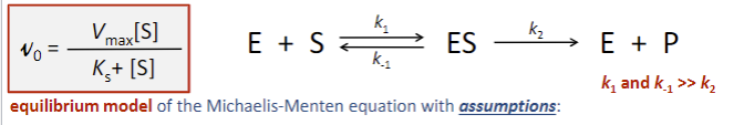 <p><span style="font-family: sans-serif">1) Simple, single step enzymatic reaction</span><span><br></span><span style="font-family: sans-serif">2) assume [S]&gt;&gt;[E] (but not necessarily saturating) and [S] does not change appreciably over time of initial velocity measurement</span><span><br></span><span style="font-family: sans-serif">3) rate limiting step is given by k2 (1st order); binding and dissociation of substrate to enzyme is relatively fast compared to chemical conversion</span><span><br></span><span style="font-family: sans-serif">4) No chemical changes to substrate takes place in the fast reversible substrate binding/dissociation step (formation of ES complex)</span><span><br></span><span style="font-family: sans-serif">5) begin a reaction with only enzyme and substrate, and consider a time frame that only deals with initial velocities, the contribution of the reverse reaction (E + P → S) is negligible</span></p>