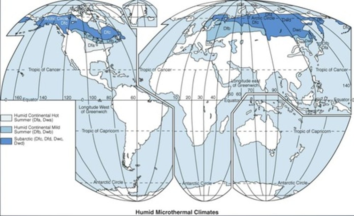 <p>Humid continental, subarctic, and polar.</p>