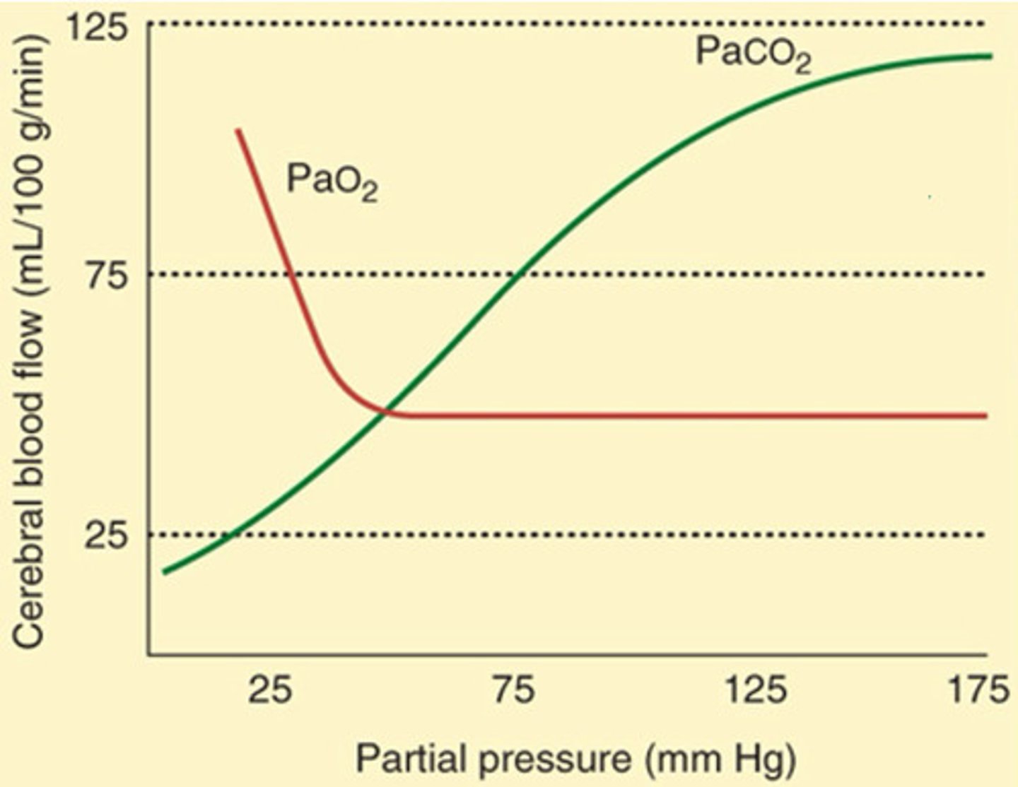 <p>PaCO₂: Acute ↑ or ↓ = Immediate proportional change in CBF</p><p>PaO₂: Minimal effect until &lt;50 mmHg → Then CBF increases sharply</p>