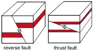 <ul><li><p>type of reverse faults </p></li><li><p>low dip of faulting, think mountain building zones </p></li></ul><p></p>