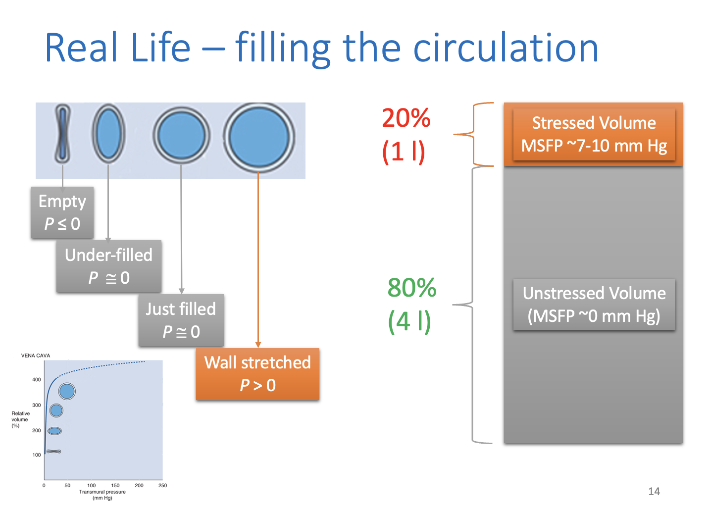 <ol><li><p>Start with empty circulation: 70-80ml/kg of body mass→ 5l for 70kg</p></li><li><p>if this is added to empty circulation→ first 0% does<strong> not cause</strong>&nbsp;a rise in pressure</p><ol><li><p>pressure stays at 0 until the vessel walls begin to stretch</p></li></ol></li></ol><p><strong><em>Unstressed volume</em></strong></p><p></p>