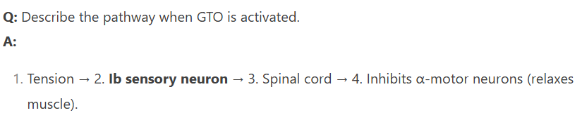 <ol><li><p>stimulus—&gt; muscle contraction</p></li><li><p>receptor (mechanical) senses pulling in tendon</p></li><li><p><strong>1b sensory neurons activated</strong></p></li><li><p><strong>integration/ in spinal cord synapses with motor neuron</strong></p></li><li><p><strong>inhibits ALPHA motor neuron to the same muscle where receptor was</strong></p></li><li><p><strong>relaxation of the muscle</strong></p></li></ol><p></p>