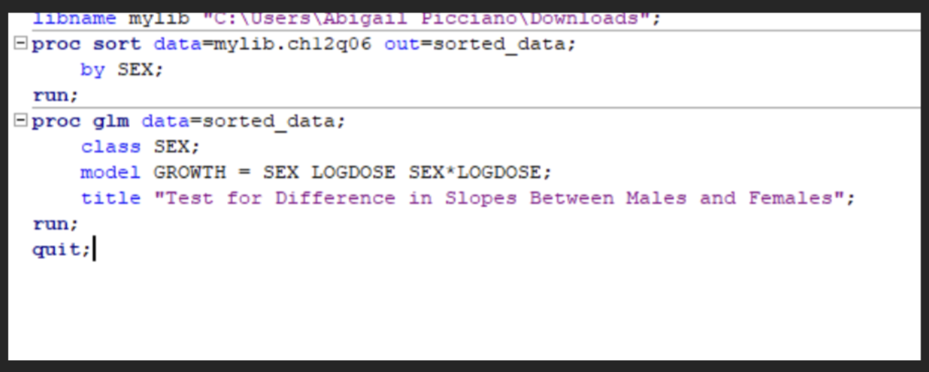 <p>SAS code for testing the difference in slopes between Males and Females </p>