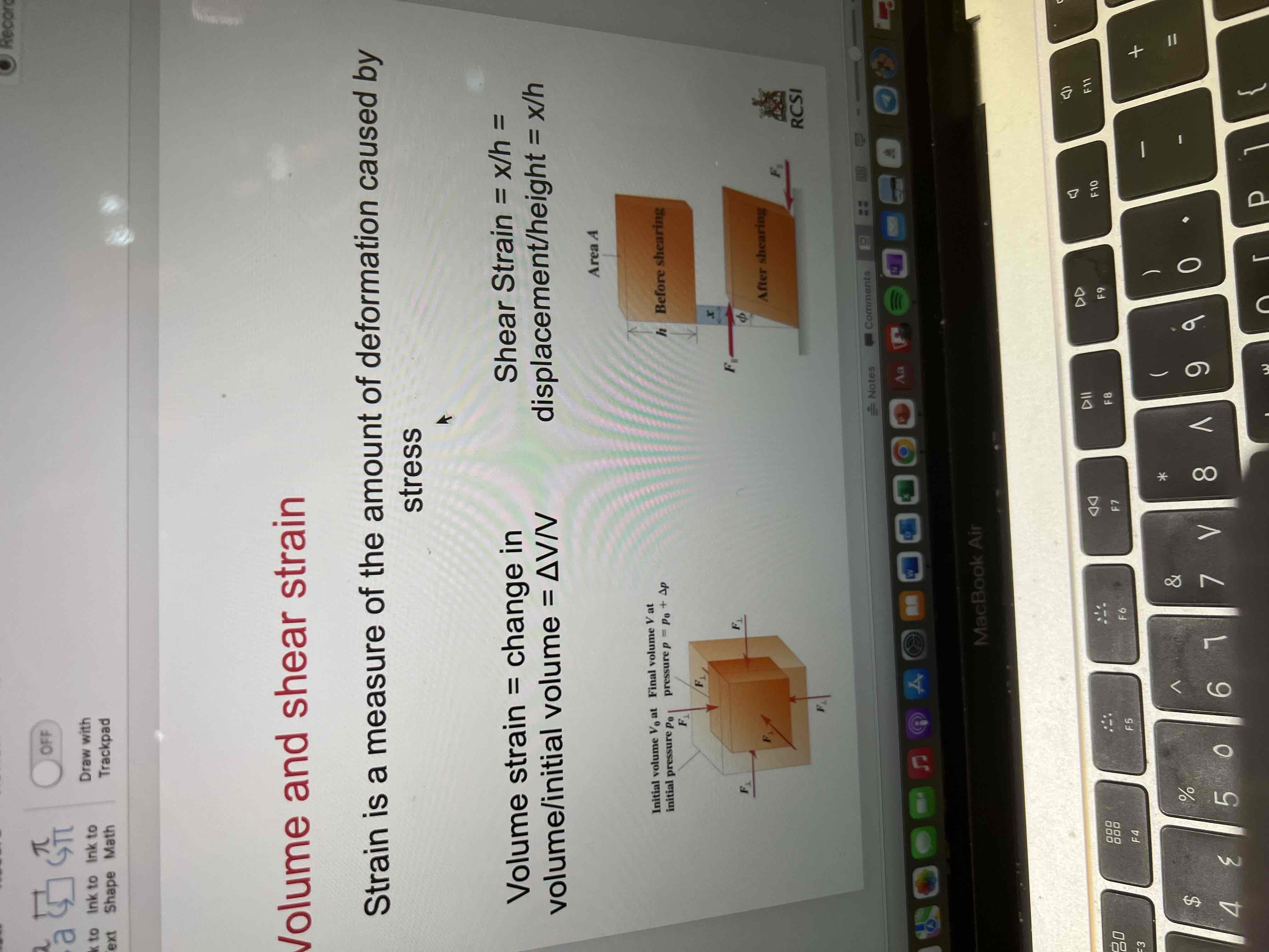 <p>Volume strain = change in volume/ initial volume </p><p>Volume strain = delta V/ V</p><p>Shear strain = displacement / height = x/h</p>