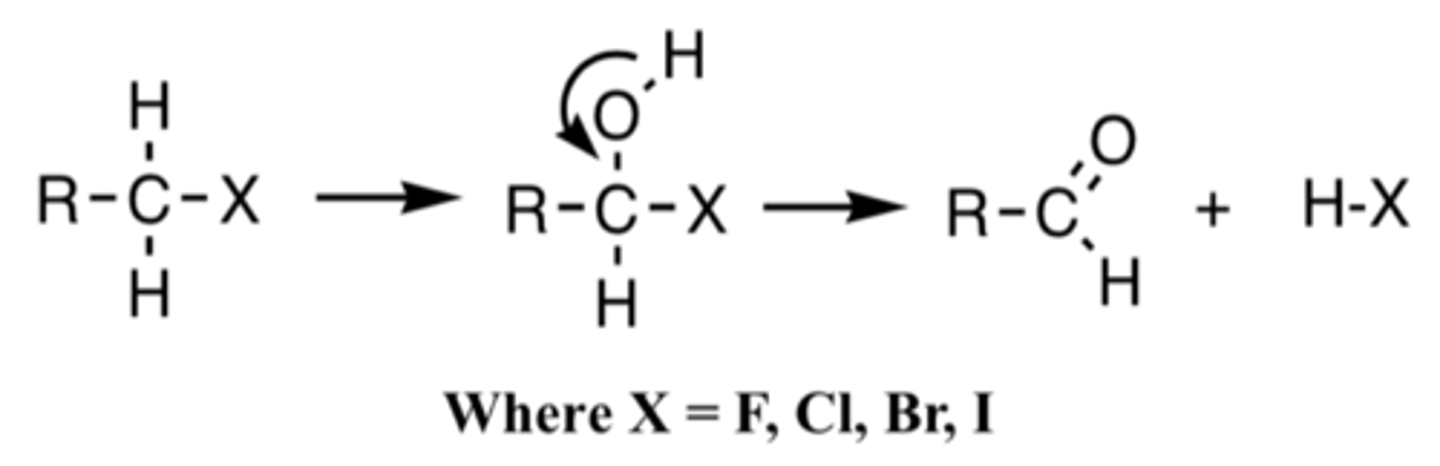 <p>a C-X will loose the X and form a carbonyl C=O; its a form of oxidation (oxidative biotransformation)</p>