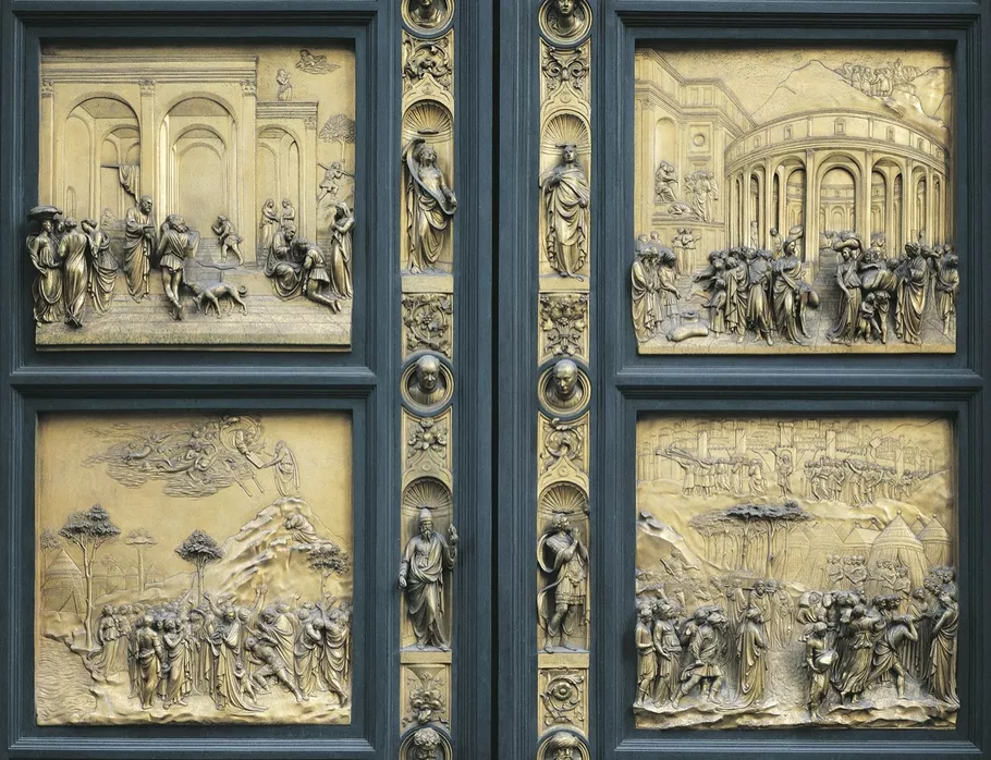 <p>Artist: Lorenzo Ghiberti</p><p class="p1">• Origin: Florence</p><p class="p1">• Style: Early Renaissance bronze relief</p><p class="p1">• Meaning: Old Testament stories in 3D perspective.</p>