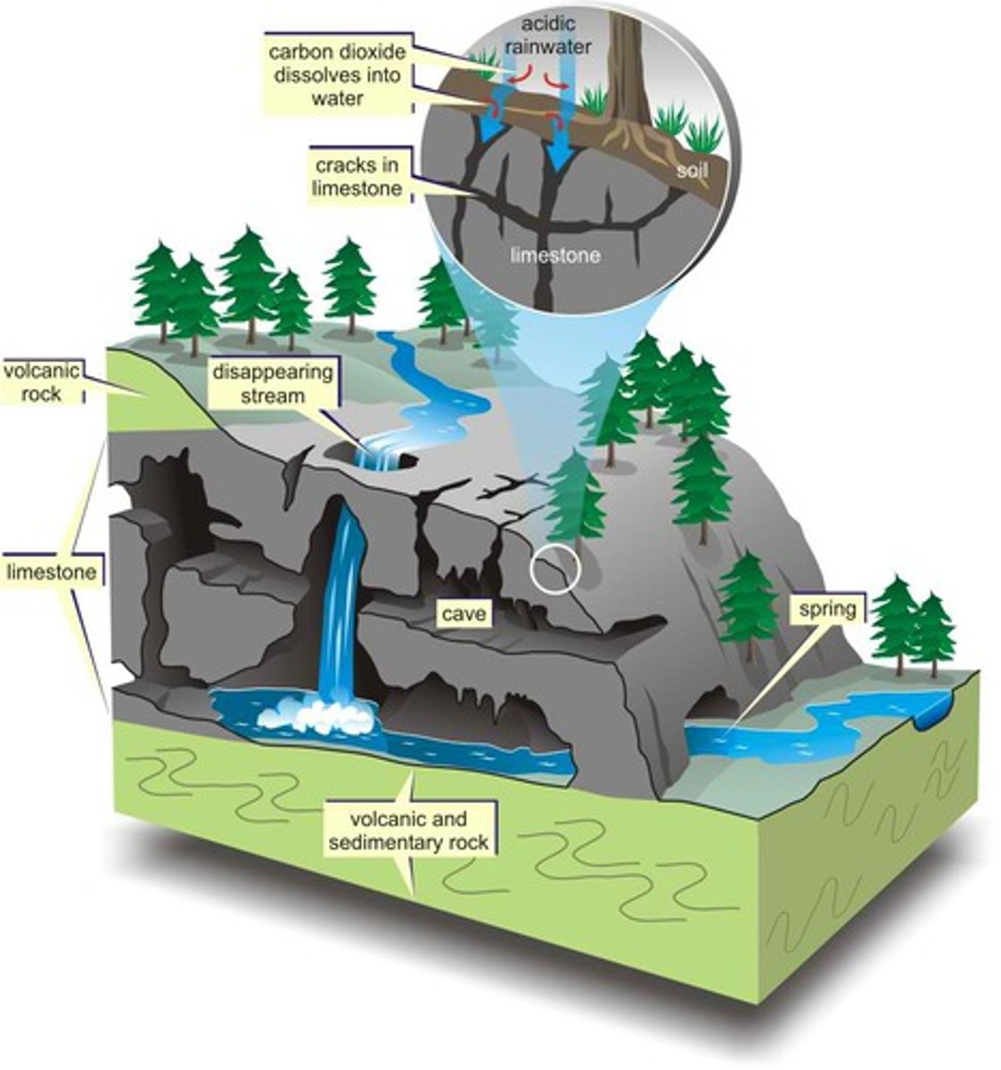 <p>A region in which a layer of limestone close to the surface creates deep valleys, caverns and sinkholes.</p><p>- commonly found in the Valley and Ridge area of VA</p>