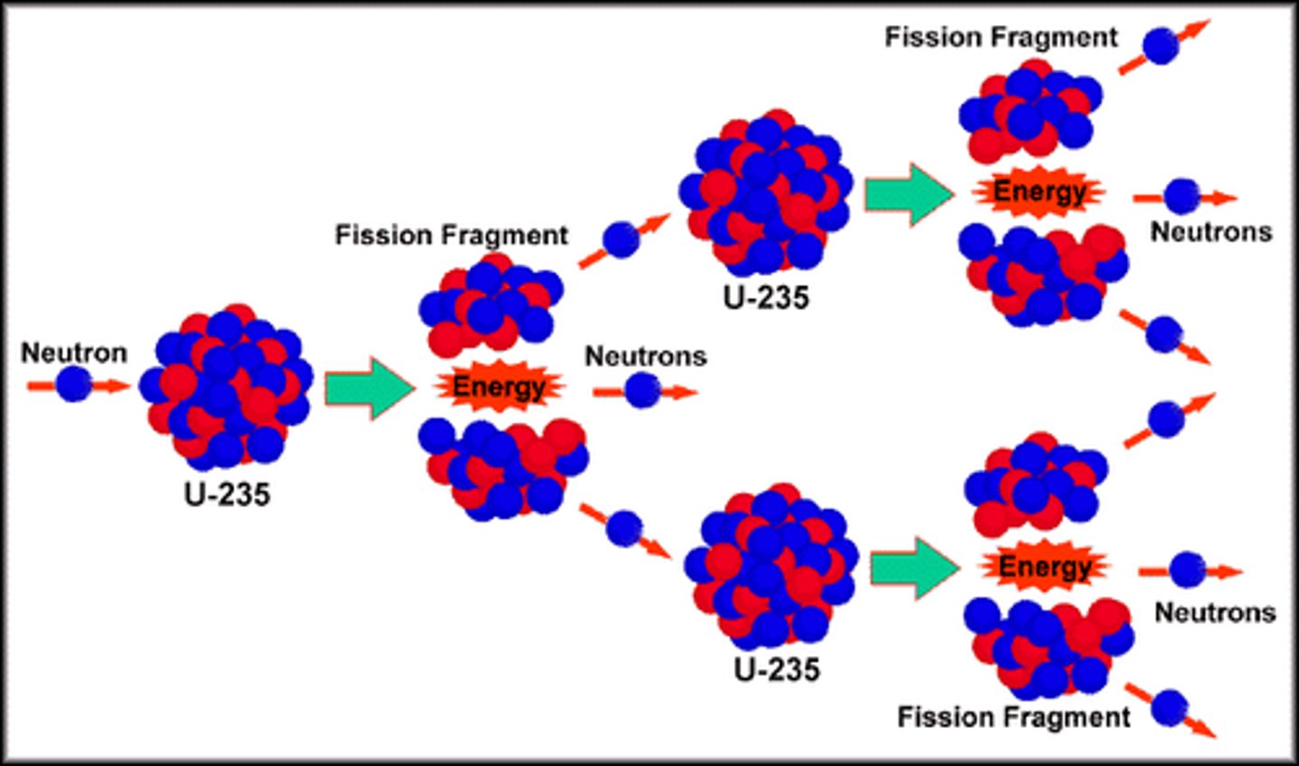 <p>MUST BE INDUCED</p><p>- done by firing thermal neutrons at the nuclei</p><p>- the nucleus absorbs/captures the thermal neutron making it more unstable</p><p>- this causes it to spit into smaller nuclei</p><p>- neutrons are ejected from the nucleus</p><p>- these can collide with other nuclei triggering a cascade effect</p><p>- leads to a chain reaction which lasts until all materials have undergone fission or the reaction is halted</p>