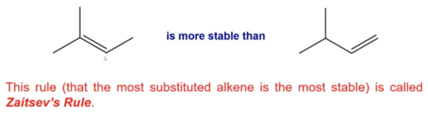 <p>-forms more slowly</p><p>-favored at higher temperature (0C or higher)</p><p>-is the most substituted (most internalized) alkene product, which is the most stable final product</p>
