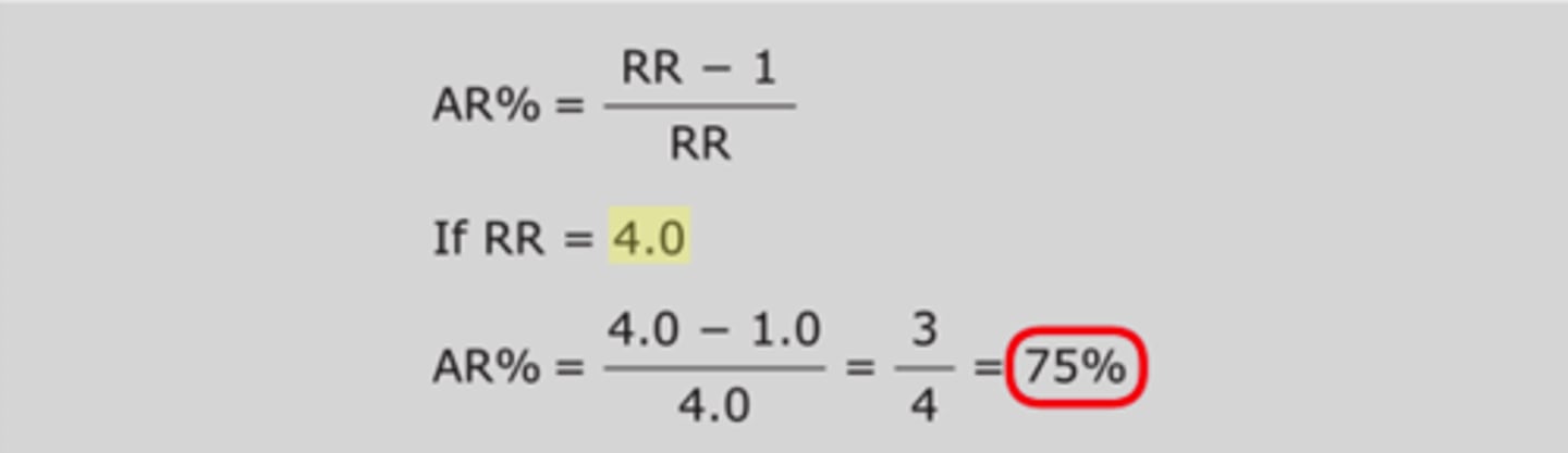 <p>Excess risk in population that can be explained by exposure to particular risk factor</p><p>ARP = (RR - 1)/RR</p>