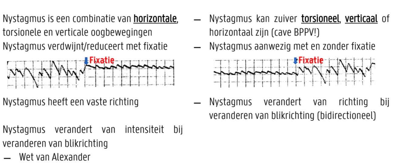 <ul><li><p><span style="background-color: transparent;"><span>Normaal: niet aanwezig&nbsp;</span></span></p></li><li><p><span style="background-color: transparent;"><strong><u><span>Perifeer</span></u></strong></span></p><ul><li><p><span style="background-color: transparent;"><span>Locatie: evenwichtsorgaan zelf of vestibulaire zenuw.</span></span></p></li><li><p><span style="background-color: transparent;"><span>Kenmerken:</span></span></p><ul><li><p><span style="background-color: transparent;"><span>Combinatie van </span><strong><span>horizontale </span></strong><span>(meest uitgesproken), torsionele en soms verticale oogbewegingen.</span></span></p></li><li><p><span style="background-color: transparent;"><strong><span>Onderdrukbaar </span></strong><span>bij fixatie (lichtpuntje) → visuele input kan het vestibulaire signaal overrulen.</span></span></p><ul><li><p><span style="background-color: transparent;"><span>Waarom? 3 inputs (visus, vestibulair, proprioceptie) → bij perifere uitval kan visuele input compenseren.</span></span></p></li></ul></li><li><p><span style="background-color: transparent;"><strong><span>Vaste richting</span></strong><span>: in midden- en blikposities altijd naar dezelfde kant.</span></span></p></li><li><p><span style="background-color: transparent;"><span>Intensiteit verandert bij blikrichting (Wet van Alexander).</span></span></p></li><li><p><span style="background-color: transparent;"><span>Altijd </span><strong><span>geconjugeerde </span></strong><span>oogbewegingen.</span></span></p></li><li><p><span style="background-color: transparent;"><span>Geen exponentieel verval van trage fase.</span></span></p></li><li><p><span style="background-color: transparent;"><span>Golfvorm: </span><strong><span>zaagtandpatroon</span></strong><span>.</span></span></p></li></ul></li></ul></li><li><p><span style="background-color: transparent;"><strong><u><span>Centraal</span></u></strong></span></p><ul><li><p><span style="background-color: transparent;"><span>Locatie: hersenstam, cerebellum.</span></span></p></li><li><p><span style="background-color: transparent;"><span>Kenmerken:</span></span></p><ul><li><p><span style="background-color: transparent;"><span>Kan zuiver</span><strong><span> torsioneel, verticaal</span></strong><span> of horizontaal zijn.</span></span></p></li><li><p><span style="background-color: transparent;"><strong><span>Niet onderdrukbaar</span></strong><span> bij fixatie → probleem blijft ondanks visuele input</span></span></p></li><li><p><span style="background-color: transparent;"><strong><span>Bidirectioneel</span></strong><span>: richting verandert bij blikrichting (bv. naar R kijken → nystagmus naar L, en omgekeerd)</span></span></p><ul><li><p><span style="background-color: transparent;"><span>Dit is nooit perifeer!</span></span></p></li></ul></li><li><p><span style="background-color: transparent;"><span>Oogbewegingen kunnen </span><strong><span>gedisconjugeerd </span></strong><span>zijn</span></span></p></li><li><p><span style="background-color: transparent;"><span>Exponentieel verval van trage fase</span></span></p></li><li><p><span style="background-color: transparent;"><span>Golfvorm: </span><strong><span>paraboolachtig</span></strong></span></p></li></ul></li></ul></li></ul><p>BELANGRIJK!!!</p>