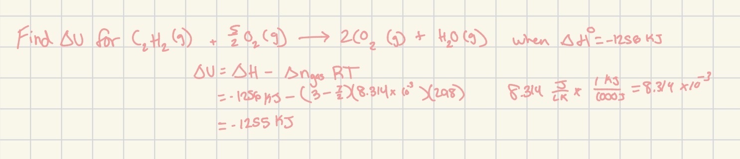 <ul><li><p>Work done on system means W > 0</p></li><li><p>Work done by system means W < 0</p></li><li><p>Change in u (internal system energy)= (delta H) - (change in n gas)RT</p></li><li><p>Where change in n gas = (sum of product coefficients) - (sum of reactant coefficients)</p></li></ul><p></p>