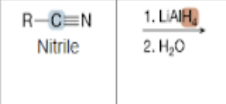 <p>What is the product of the reaction between a nitrile, and LiAlH4 (1st step), and H2O (2nd step)?</p>