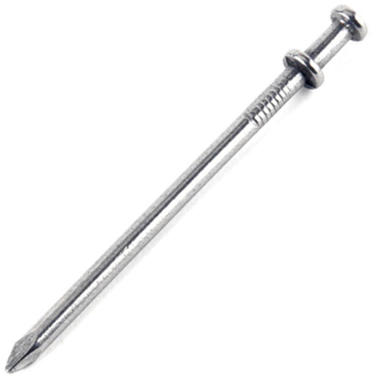 <p>These nails have 2 heads, one lower than the other, and a point on the other end. The nail is driven to the lower head but can be pulled out of the material because of the remaining higher head.</p><p>Used for TEMPORARY construction that will be taken apart</p>