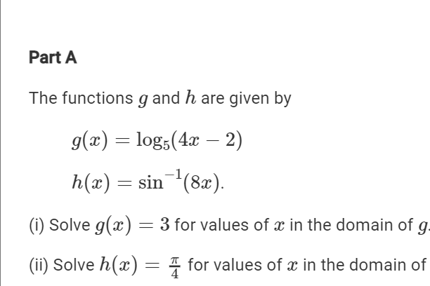 <p>A(i) Solve g(x)= 3 for values of x in the domain of g</p>