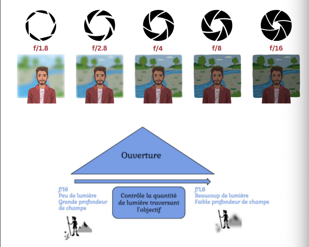 <p>l’ouverture (A ou Av), profondeur de champs (flou d’arrière-plan)</p>
