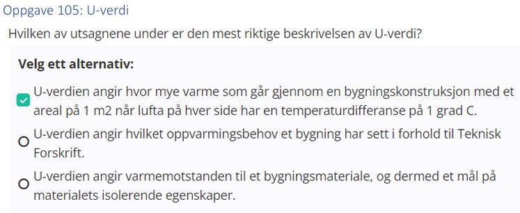 <p>U-verdien angir hvor mye varme som går gjennom en bygningskonstruksjon med et areal på 1m<sup>2</sup> når lufta på hver side har en temperaturdifferanse på 1 grad C.</p>