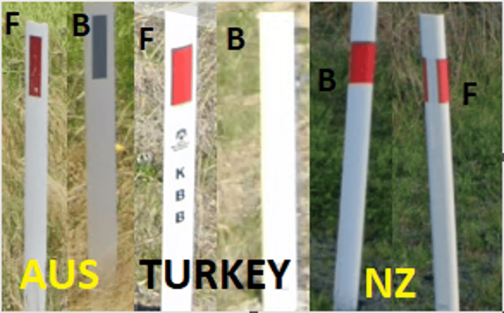 <h4 id="b7de02e2-564d-4742-9271-e39f7a3b4d6e" data-toc-id="b7de02e2-564d-4742-9271-e39f7a3b4d6e" collapsed="false" seolevelmigrated="true">Australia, New zealand, Turkey</h4><p>Australia: flat, with red rectangle on front</p><p>Turkey: flat, with red square on front, nothing on back</p><p>New Zealand: more cylindrical, red wraps nearly fully around</p><p></p>