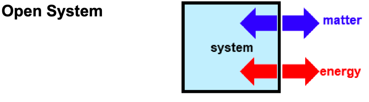 <p>both <span style="color: red;"><strong>matter</strong></span> + <span style="color: blue;"><strong>energy</strong></span> can be exchanged w/ surroundings</p>