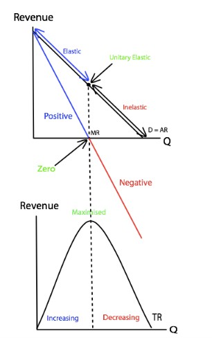 <p>Inelastic</p><p>The diagram shows that when total revenue is <strong>increasing</strong>, marginal revenue is <strong>positive</strong> and demand is <strong>elastic</strong>.</p>