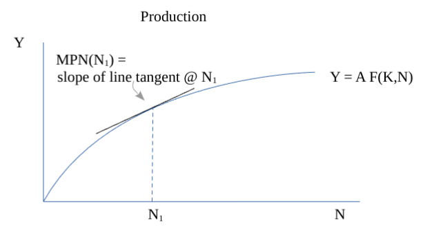 <ul><li><p>Major factor in firm decsians making to determine quanities of input and output</p><p></p></li></ul><p><span>Profit maxing quantities of N &amp; K determined by:</span></p><p><br><span>*Marginal Product of Labour (MPN)</span><br><span>= the increase in output resulting from a one unit increase in labour</span><br><span>= ∆Y/∆N</span></p><p><br><span>*Marginal Product of Capital (MPK)</span><br><span>= the increase in output resulting from a one unit increase in capital</span><br><span>= ∆Y/∆K</span></p><p><br><span>*Relative Prices</span></p>