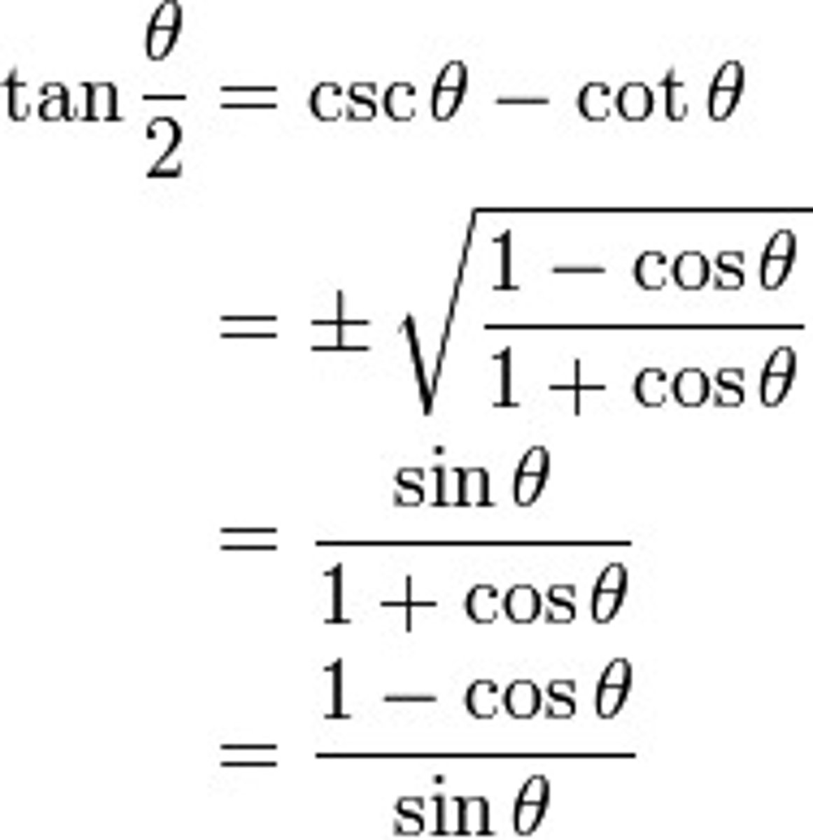 <p>sinx / 1 + cosx</p><p>1 - cosx / sinx</p>