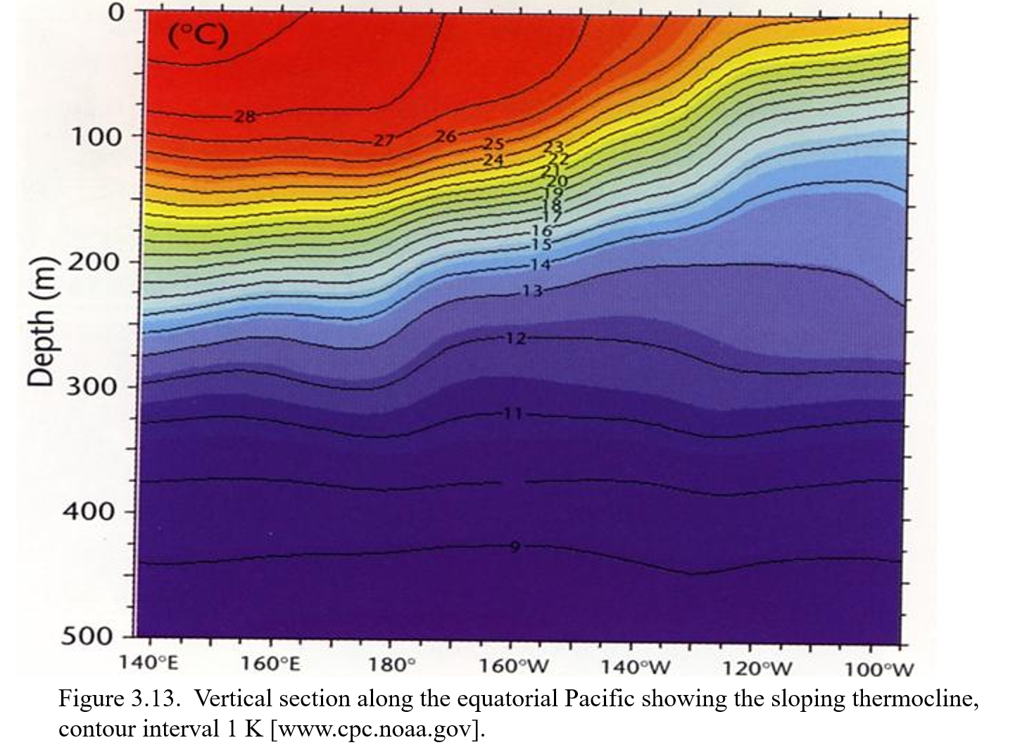 <p>The depth at which the warm sunlit surface layer of the ocean transitions to the cold, deep ocean</p><p>Occurs around 100, 200 or 300 m where you can see a transition in the image</p>