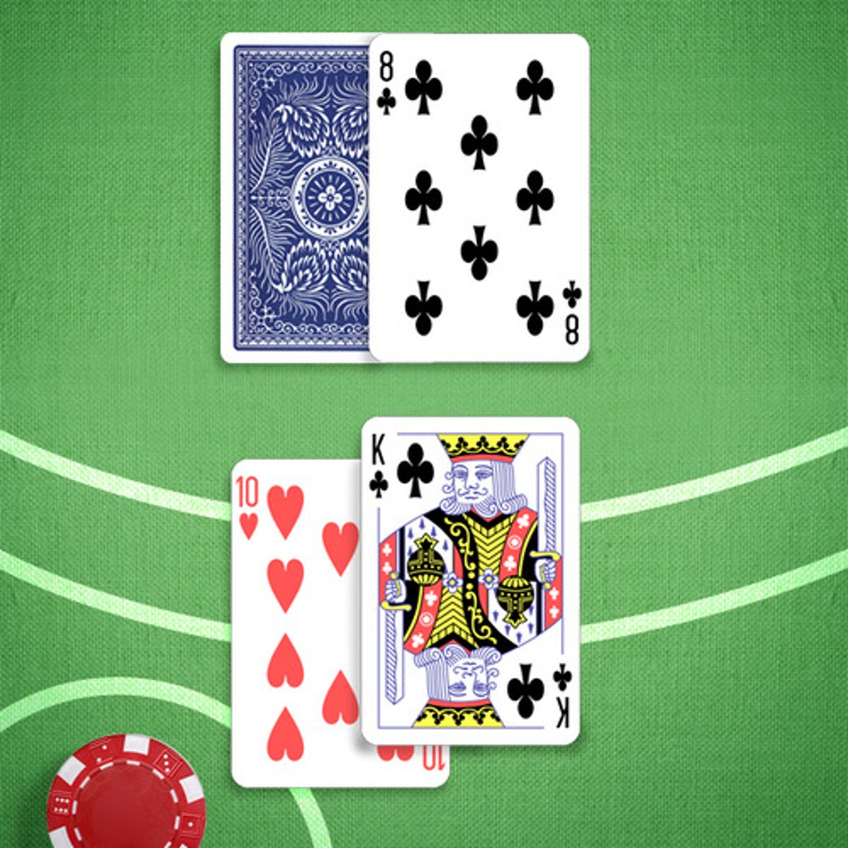 <p>You: 10,10</p><p>Dealer's Upcard: 8</p>