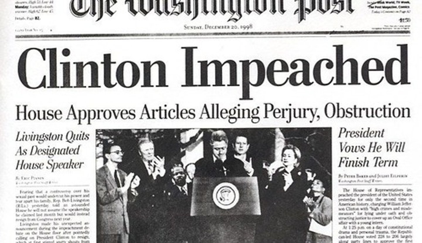 <p>In 1998 the President of the US was charged with perjury and obstruction of justice regarding the Monica Lewinsky Affair. He was acquitted of both charges by the Senate.</p>