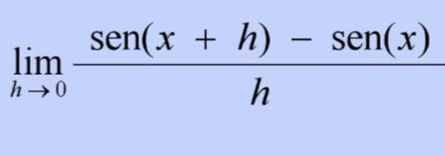 <p>limit of (sin(x + h) - sin(x))/h as h approaches 0</p>