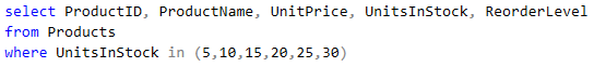<p>IN - true if the comparison value is equivalent to one value in the comma separated list. For example, if unitPrice= 45, unitPrice in (1, 45, 90) will return true.</p><p></p><p>Basically this operator is a nicer way of writing</p><p>unitPrice= 1 or unitPrice= 45 or unitPrice= 90</p>
