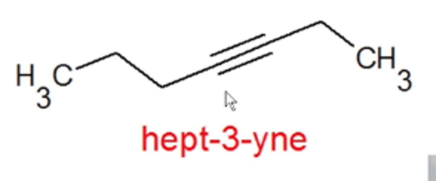 <p>same rules as alkanes except:</p><p>-use "yne" instead of "ane"</p><p>-add a number at the beginning of, or within, the name to indicate where the triple bond starts</p><p>-cis/trans and E/Z don't apply here</p>