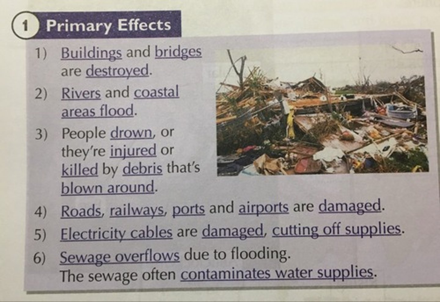 <p>These are the impacts during the tropical storm caused directly by heavy rain, strong winds and storm surges.</p>
