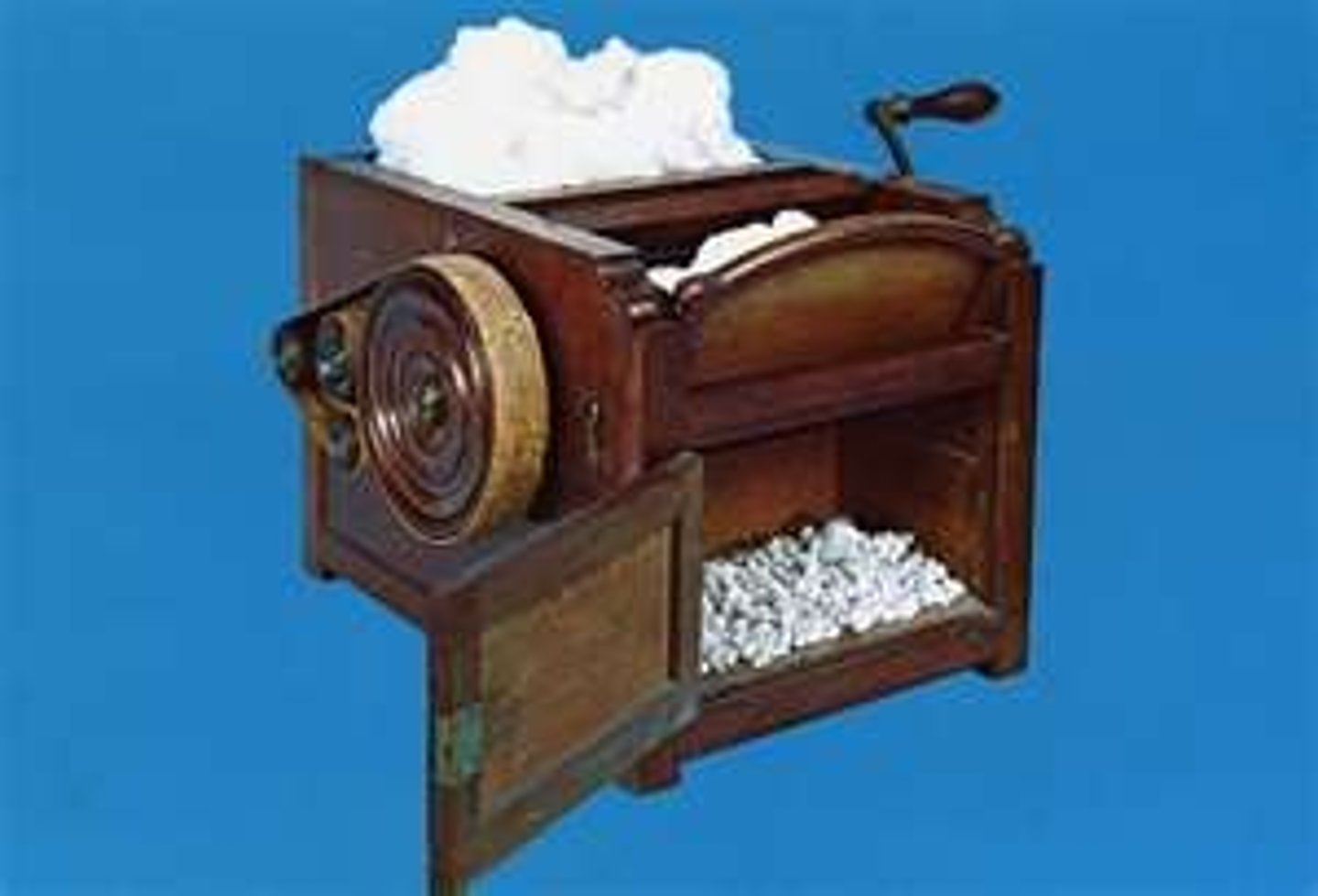 <p>A machine for cleaning the seeds from cotton fibers; Invented by Eli Whitney in 1793; Led to increased reliance on slave labor in the South and a manufacturing resource for the North.</p>