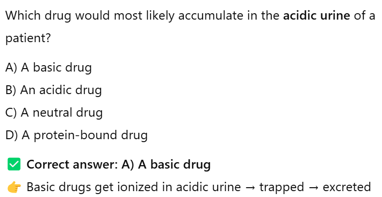 <ul><li><p><strong>Acidic drugs </strong></p><ul><li><p>Prefer acidic </p></li><li><p>Stays unionized in stomach </p></li><li><p>Becomes ionized in urine </p></li></ul></li><li><p><strong>Basic drugs</strong></p><ul><li><p>Prefer basic</p></li><li><p>Stays unionized in urine</p></li><li><p>Becomes ionized in stomach </p></li></ul></li></ul><p></p><p><strong>Unionized </strong>= easily diffuse through phospholipid bilayer, more lipid soluble </p><p><strong>Ionized </strong>= can’t pass through membrane —&gt; excreted</p>