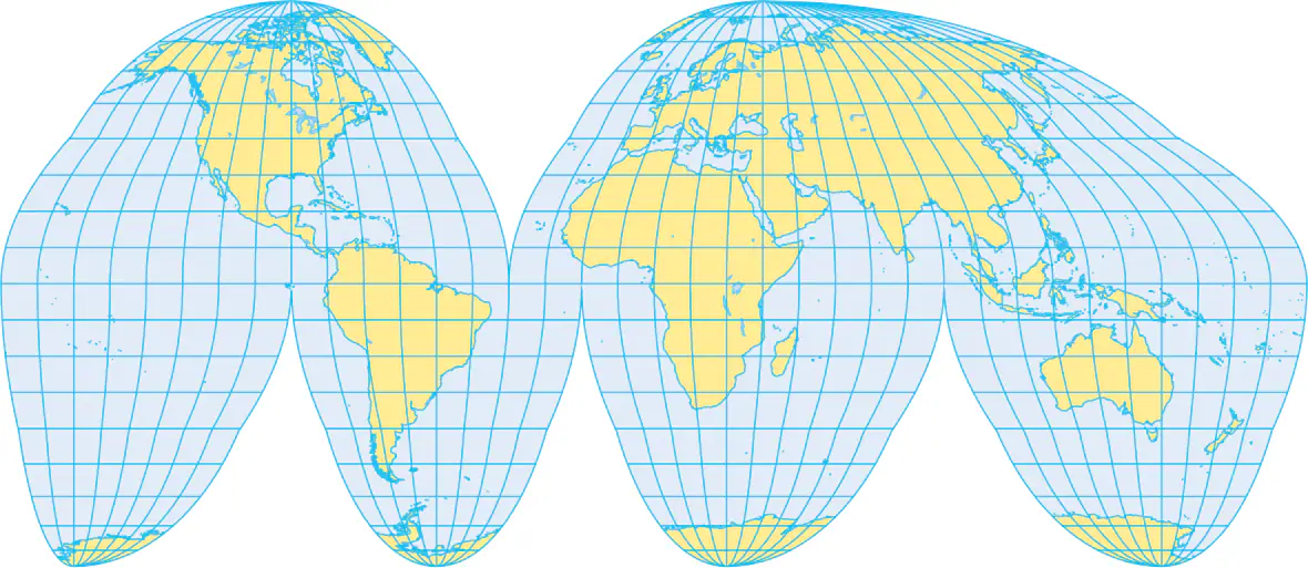 <p>This separates the hemispheres into two pieces. The meridians do not converge at the poles as they do in reality. Also, they do not form right angles with the parallels.</p>
