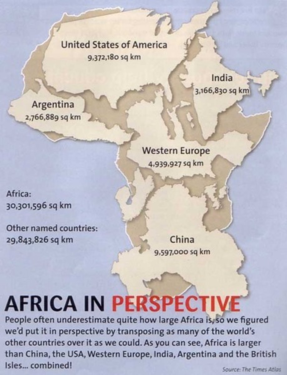 <p>Most African nations are the size of Ontario or larger, with Africa being approximately 4 times the size of the mainland USA.</p>